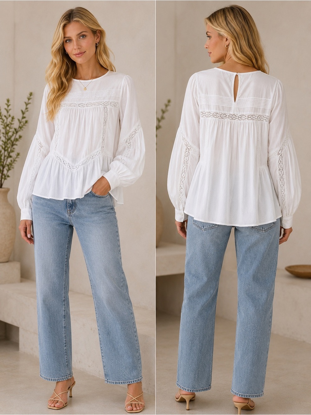 H&M White Cotton Lace Boho Blouse Top Size 12